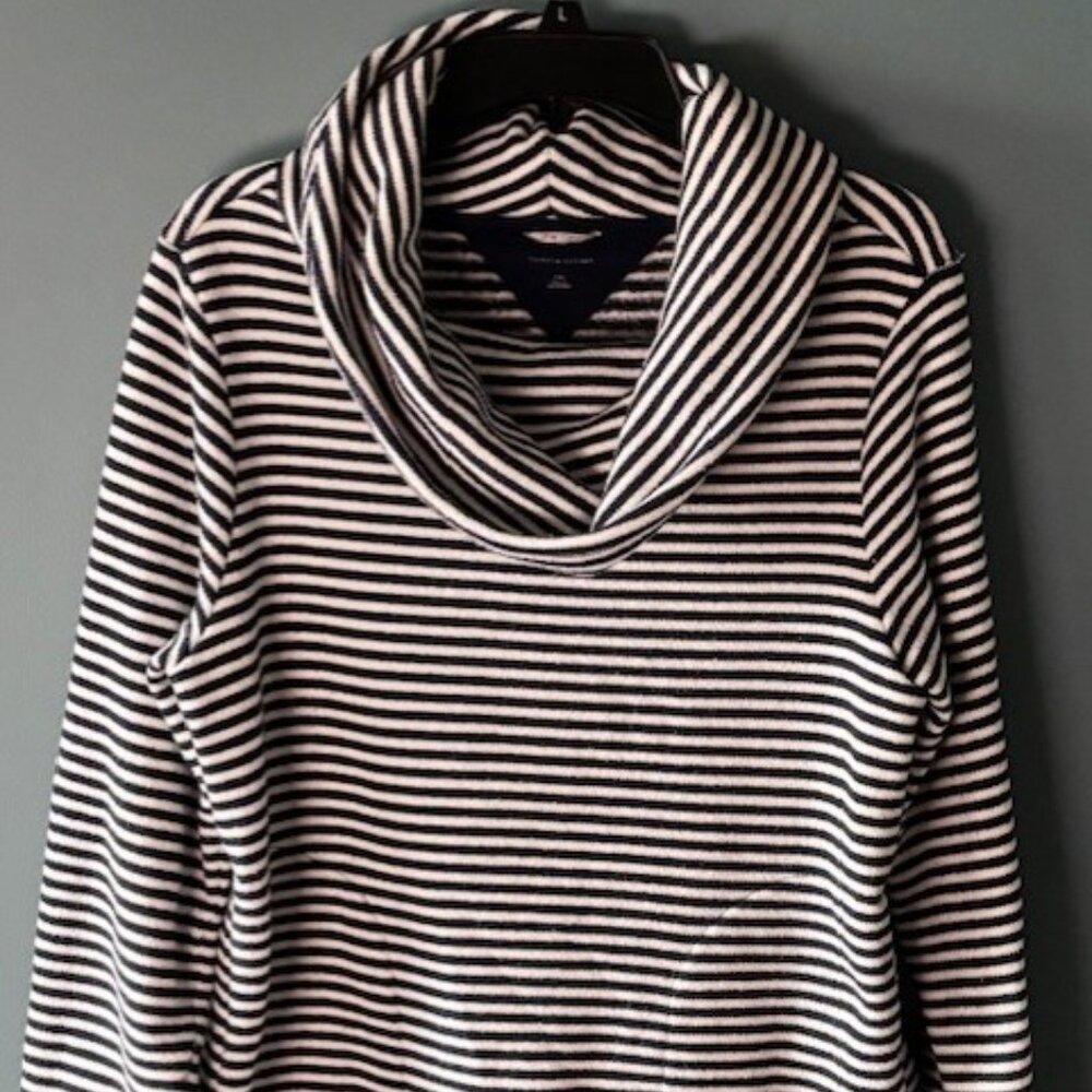 Tommy Hilfiger Womens Navy White Striped Long Sleeve Cowl Neck Pullover Athluxe